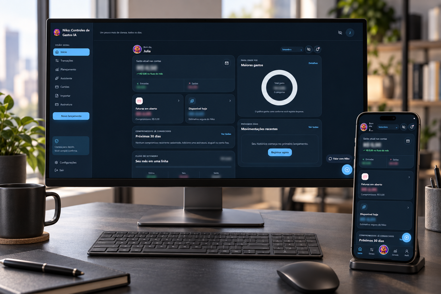 Niko: interface desktop e mobile apresentada em computador e celular em um ambiente de trabalho